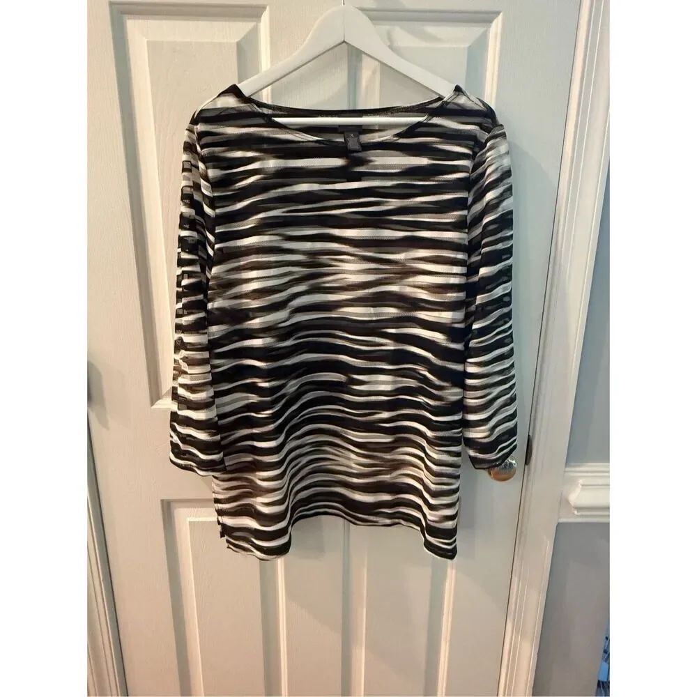 Chico’s Travelers Collection Brown White & Mesh Stripe 3/4 Sleeve Top sz 3 or XL